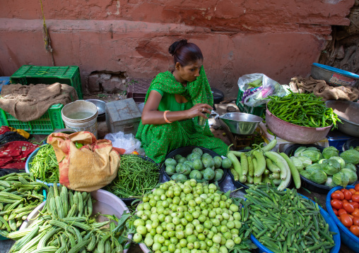 Indian woman selling vegetables and fruits  in a market, Rajasthan, Jaipur, India