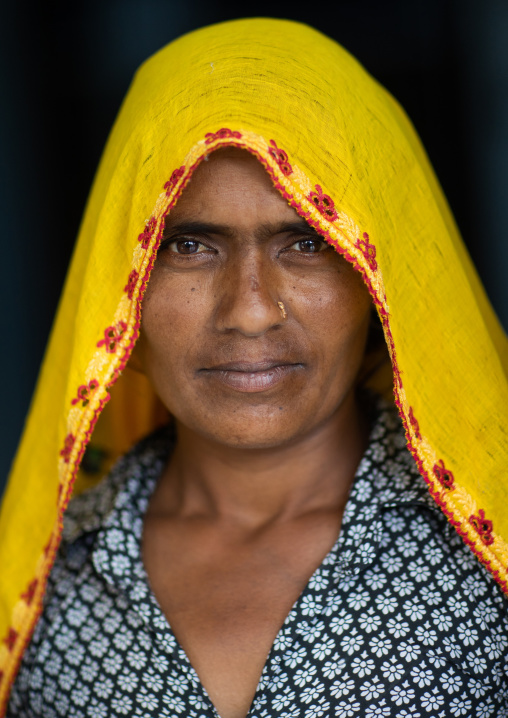 Portrait of a rajasthani woman in traditional yellow sari, Rajasthan, Baswa, India