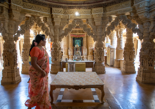 Indian woman inside the jain temple, Rajasthan, Jaisalmer, India
