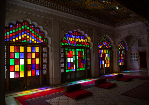 Multi coloured stained glass windows in Mehrangarh fort, Rajasthan, Jodhpur, India