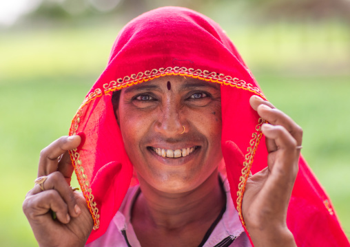 Portrait of a rajasthani woman in traditional red sari, Rajasthan, Baswa, India