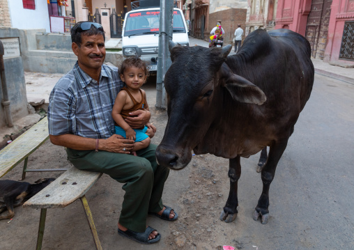 Indian man with his child with a cow in the street, Rajasthan, Bikaner, India