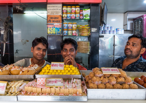 Indian sellers in a sweet shop, Rajasthan, Bikaner, India