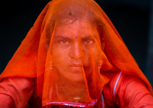 Portrait of a rajasthani woman hidding her face under a orange sari, Rajasthan, Jaisalmer, India