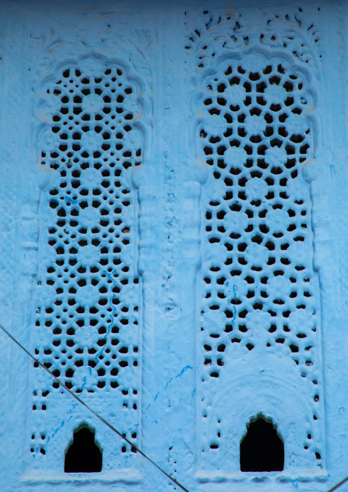 Jali of an old blue house of a brahmin, Rajasthan, Jodhpur, India