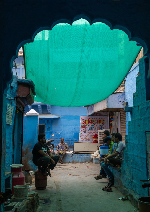 Brahmin blue house with a protection for the sun, Rajasthan, Jodhpur, India