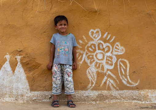 Portrait of a rajasthani boy standing in front of a decorated mud house, Rajasthan, Jaisalmer, India