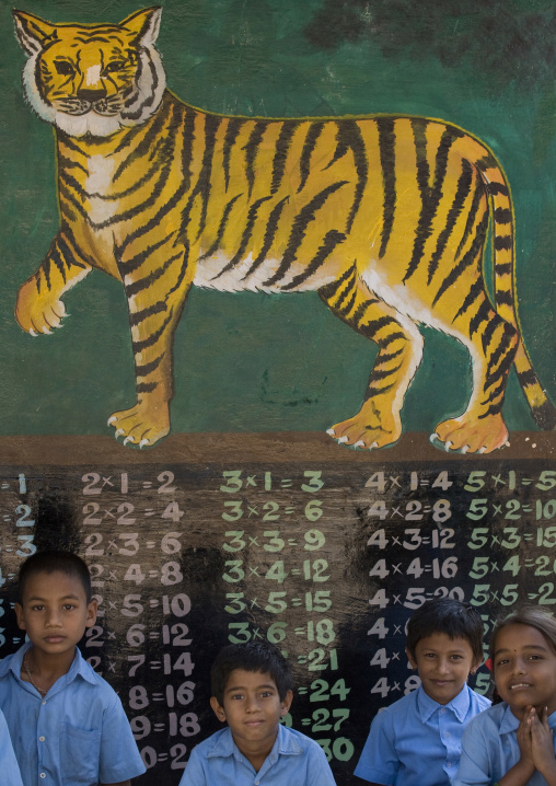 Pupils In Front Of Multiplication Table Written On The Wall At An Open Air School In South India, Mysore