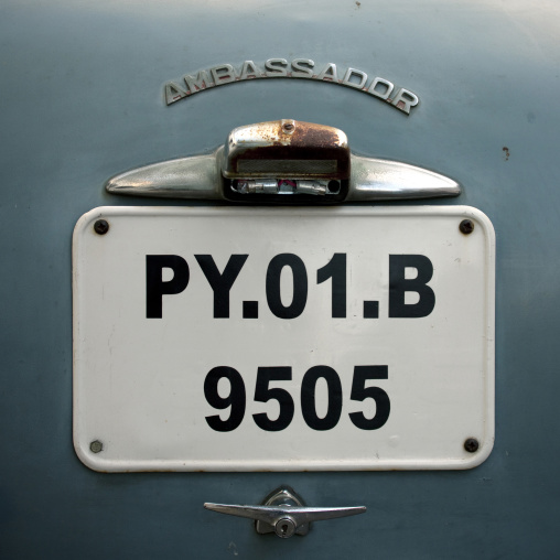 Licence Plate On The Rear Bumper Of An Ambassador, Pondicherry, India