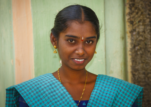 Teenage Girl Posing With Bindi And Earrings, 
Kanadukathan Chettinad, India