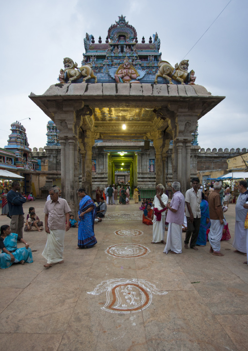 The Crowd Gathering Around Kolam For A Ceremony At The Entrance Of The Sri Ranganathaswamy Temple, Trichy, India
