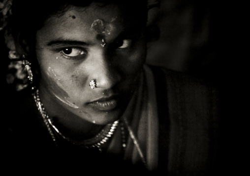 Young Bride With Traditional Painting On Her Forehead And Jewels At Her Wedding, Trichy, India