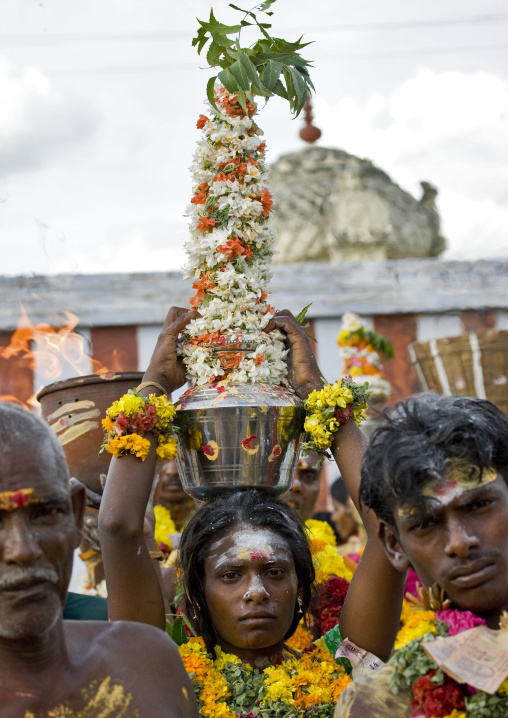 Indian People With Traditional Painting On The Forehead With Offerings During Fire Walking Ritual, Madurai, South India