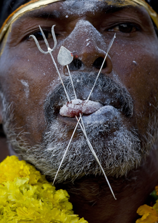 Man Covered By Ashes With Peaks Symbolizing Gods'weapons In His Tongue During Fire Walking Ritual, Madurai, South India