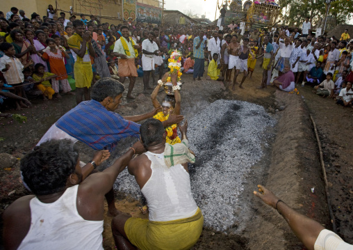 Young Suffering Child Succeeding Fire Walking Ritual In Front Of A Large Audience , Madurai, South India