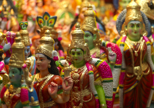 Collection Of Small Colorful Figurines Of Hindu Gods In A Store, Madurai, India