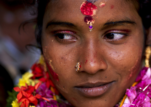 Young Smiling Bride With Traditional Painting On Her Forehead Jewels And A Flower Garland During The Wedding, Trichy, India