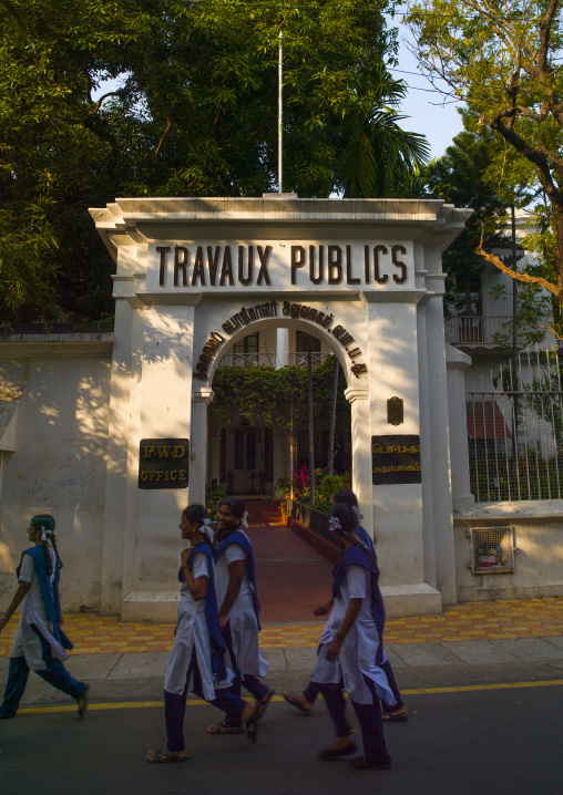 Group Of Women Passing In Front Of The Public Works Departement Office Of Pondicherry In An Old Colonial House Formely Called Travaux Public, India