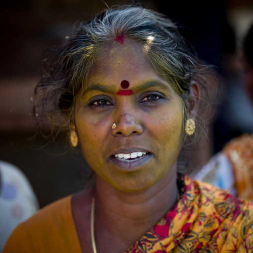 Woman In Sari With Traditional Paintings On Her Forehead, Pondicherry, India
