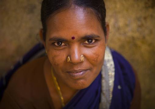 Portrait Of A Mature Woman With Bindi And Nose Piercings, Pondicherry, India