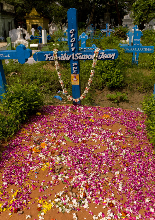 Colorful Graves Covered With Flowers In A Cemetery, Pondicherry, India