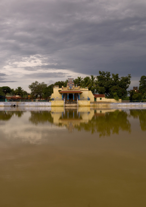 Temple In Front Of A Pond, Kanadukathan Chettinad, India