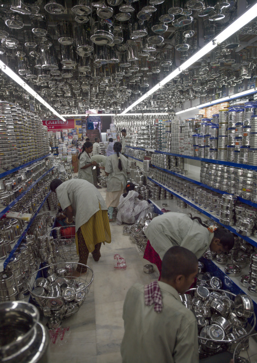 Employees In A Ironmonger's Store Replenishing Shelves, Madurai, India