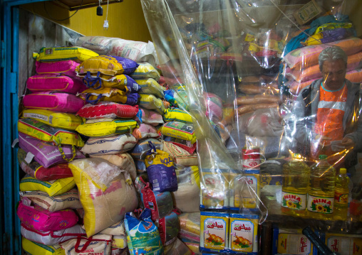 bags of basmati and long grain rice in shop window, Hormozgan, Bandar Abbas, Iran
