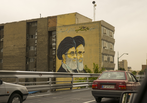 Billboard of khameini and khomeini on a building, Shemiranat county, Tehran, Iran