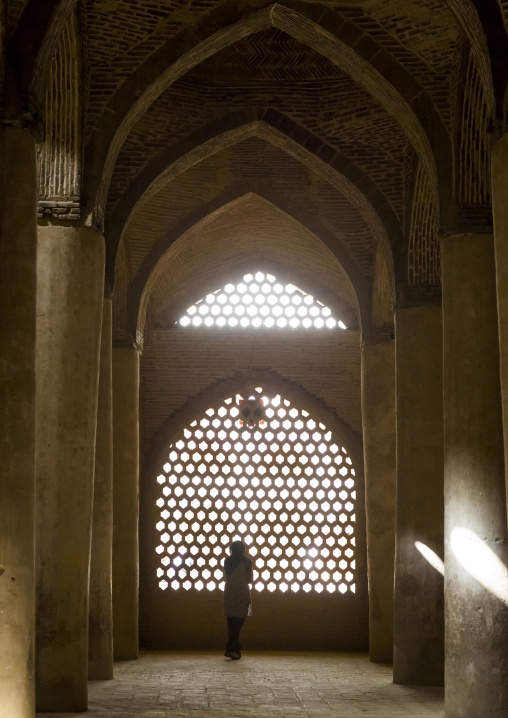 Woman looking thru the window of the friday mosque, Isfahan province, Isfahan, Iran