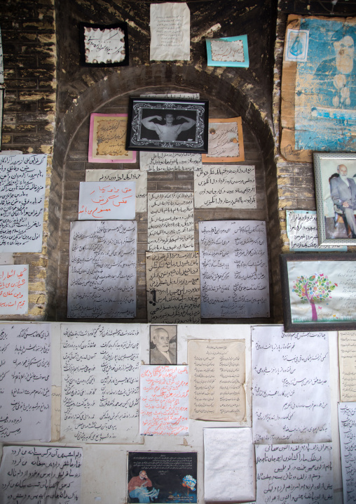 Cafe with the wall decorated with poems and old pictures, Fars Province, Shiraz, Iran