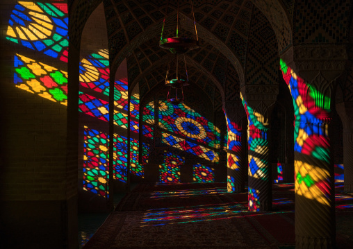 The pillars of Nasir ol Molk mosque with its beautiful colors, Fars Province, Shiraz, Iran