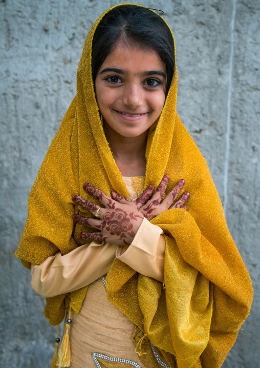 little girl with henna on the hands for a traditional wedding, Qeshm Island, Salakh, Iran
