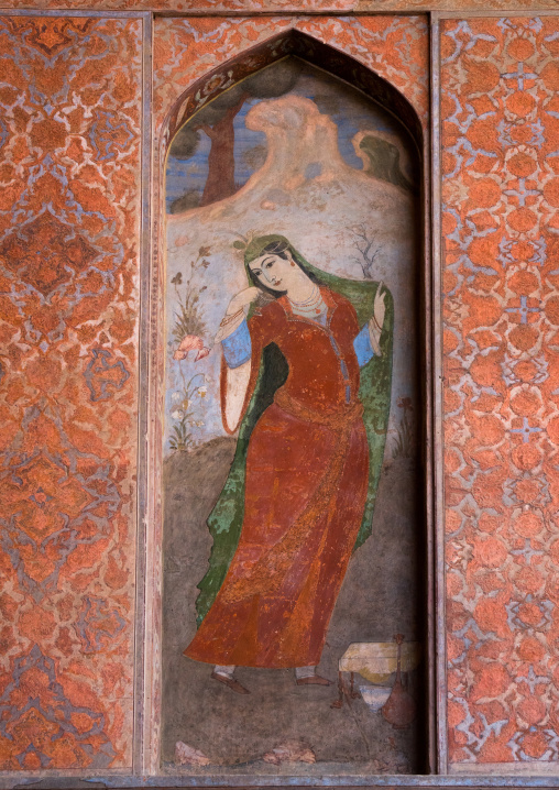 fresco at ali qapu palace depicting persian woman, Isfahan Province, isfahan, Iran