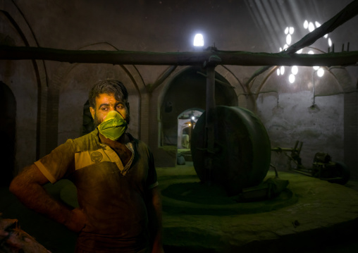 Worker With Green Dust On His Face In Traditional Henna Mill, Yazd Province, Yazd, Iran