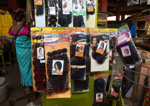 Hair extensions for sale in a shop, Comoé, Abengourou, Ivory Coast
