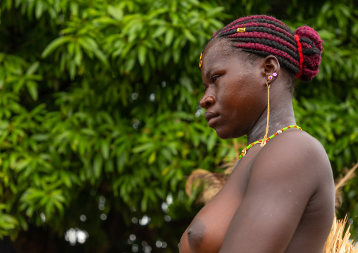 Young Senufo shirtless woman dancing the Ngoro during a ceremony, Savanes district, Ndara, Ivory Coast