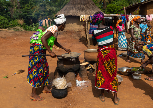 African women cooking in a village, Bafing, Gboni, Ivory Coast