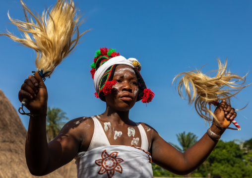 Dan tribe woman with a headdress dancing during a ceremony, Bafing, Gboni, Ivory Coast