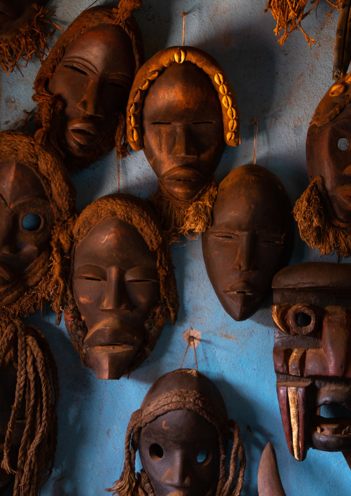 African masks for sale in a shop, Tonkpi Region, Man, Ivory Coast