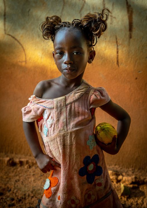 Cute african girl with a cocoa fruit pod in her hands, Savanes district, Yamoussoukro, Ivory Coast