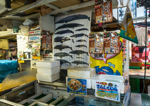 Whale shop at tsukiji fish market, Kanto region, Tokyo, Japan