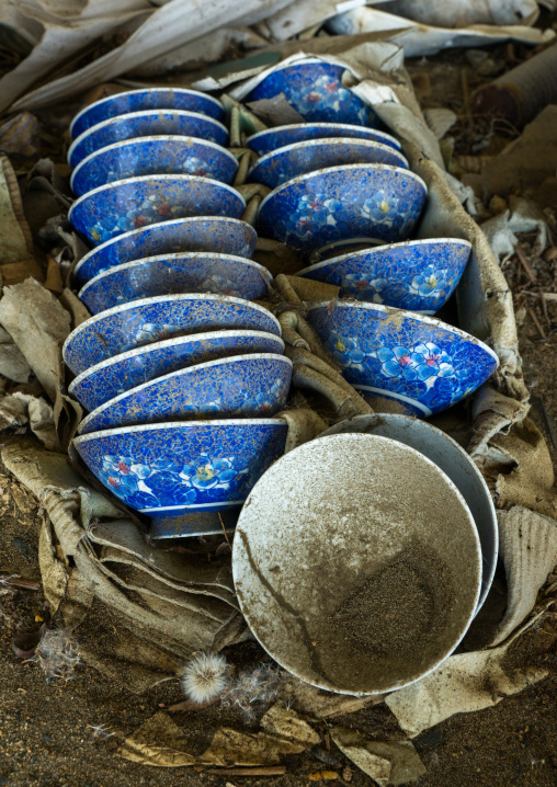 Blue bowls inside a house destroyed by the 2011 earthquake and tsunami five years after, Fukushima prefecture, Namie, Japan