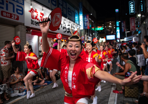 Japanese women during the Koenji Awaodori dance summer street festival, Kanto region, Tokyo, Japan