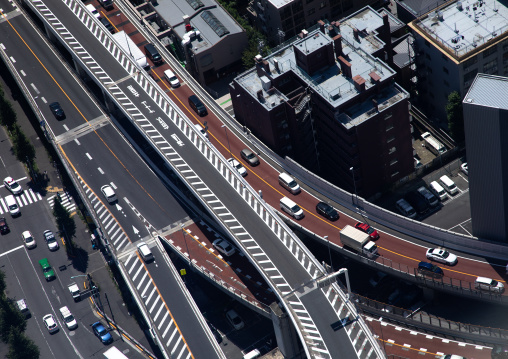 Aerial view of intersection and roads, Kanto region, Tokyo, Japan
