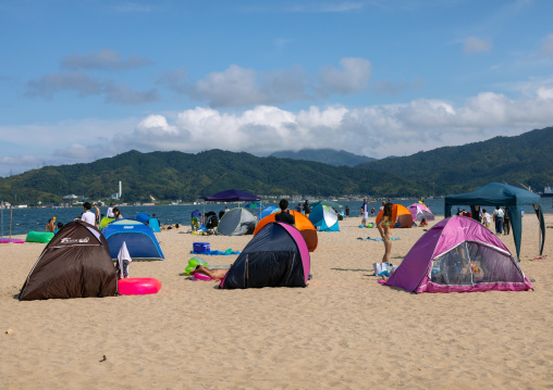 Sunshade beach tens on the beach along the sandbar in Amanohashidate, Kyoto Prefecture, Miyazu, Japan