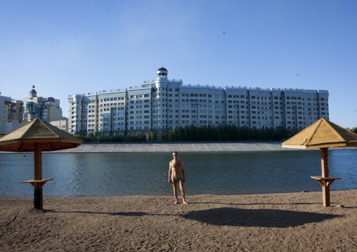 Beach On Ishim River In Front Of Kursk Building, Astana, Kazakhstan