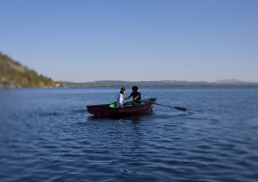 Tourists On A Small Boat In Burabay Lake, Kazakhstan