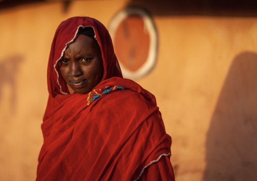 Portrait of a Borana tribe woman with a red veil, Marsabit County, Marsabit, Kenya
