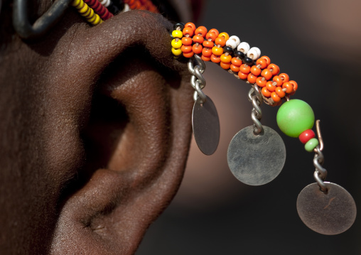 Detail of a Rendille tribe girl wearing beaded earrings, Marsabit County, Marsabit, Kenya